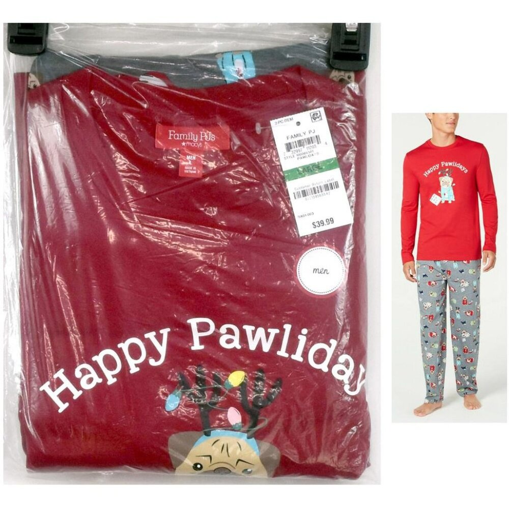 Mens “Happy Pawlidays” 2-Piece Pajama Set Size M Family PJs NWT